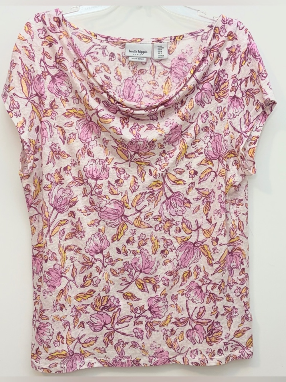 100% Linen Floral Cowl Neck Cap Sleeve Top Pink Blouse M